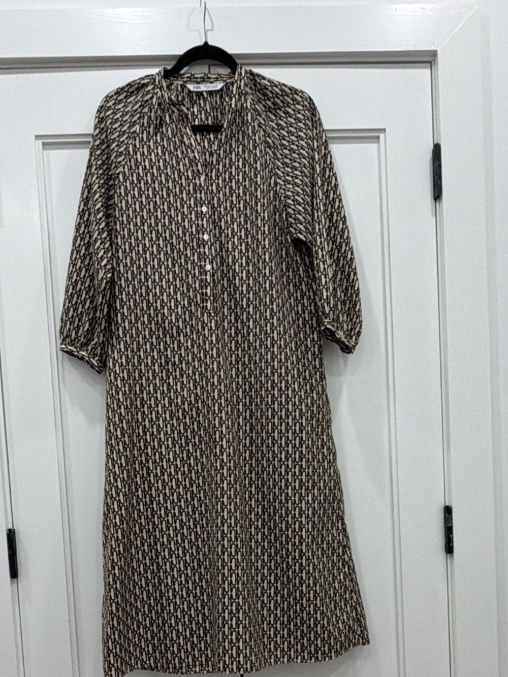 Zara Women's Shirt Dress M Beige Brown Geometric Balloon Sleeve Collared Midi